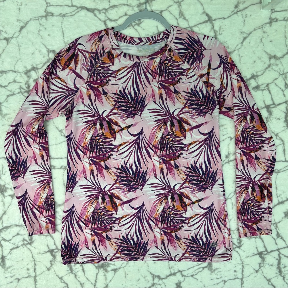 REEL LEGENDS Leaf Print Fishing Shirt Womens M Tropical Pink Purple Keep it Cool